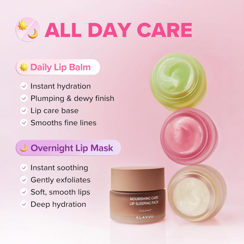 KLAVUU Nourishing Care Lip Sleeping Pack Coconut μπορεί να χρησιμοποιηθεί ως lip balm κατά τη διάρκεια της ημέρας ή ως εντατική μάσκα χειλιών όλη τη νύχτα για απαλά χείλη.