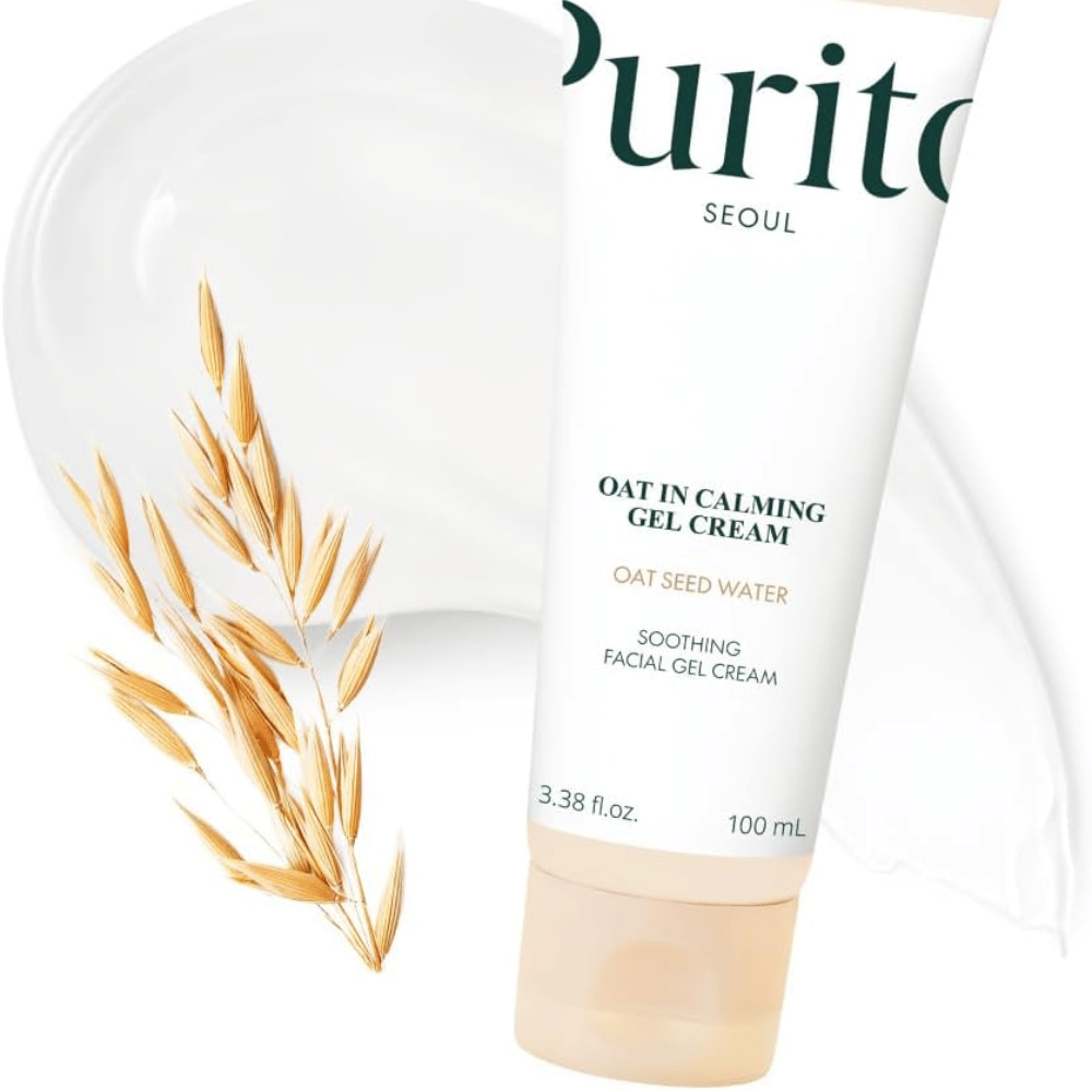 Purito Oat-In Calming Gel Cream με βρώμη και υφή κρέμας. Ενυδατική κρέμα τζελ με νερό από σπόρους βρώμης για απαλό, ισορροπημένο δέρμα.