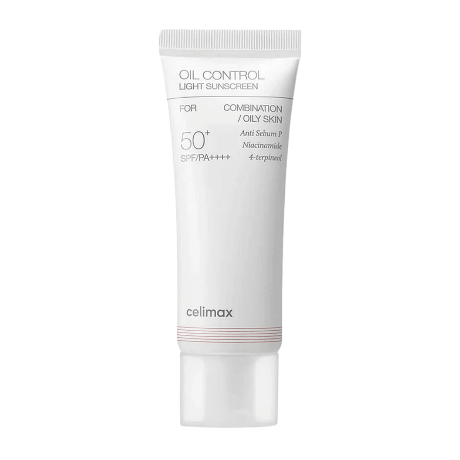Celimax Oil Control Light Sunscreen SPF 50+ PA++++ εικόνα προϊόντος με έμφαση στη σύνθεση και τα συστατικά όπως η νιασιναμίδη για έλεγχο της λιπαρότητας και πιο ομοιόμορφο τόνο δέρματος
