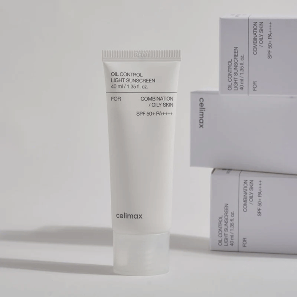 Celimax Oil Control Light Sunscreen SPF 50+ PA++++ σε σωληνάριο με μινιμαλιστικό σχεδιασμό, αντηλιακή προστασία για μικτή και λιπαρή επιδερμίδα που ελέγχει τη λιπαρότητα και προσφέρει ματ τελείωμα