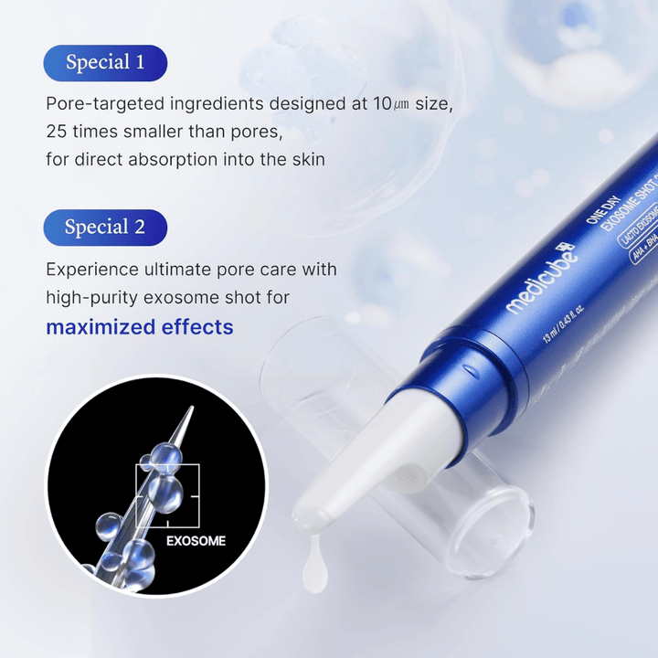 Medicube One Day Exosome Shot Pore Ampoule 25000 με εξωσώματα που βελτιώνουν την απορρόφηση, ελαχιστοποιούν τους πόρους και προσφέρουν εντατική περιποίηση της επιδερμίδας