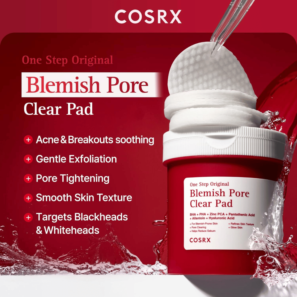 Εικόνα προϊόντος του/της COSRX One Step Original Blemish Pore Clear Pad με έμφαση στην απολέπιση, τη βελτίωση των πόρων και τη φροντίδα της επιδερμίδας με τάση ακμής.