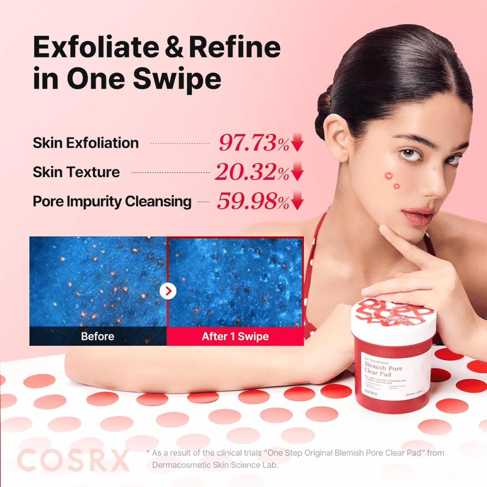 Διαφημιστική εικόνα για το/τη COSRX One Step Original Blemish Pore Clear Pad που δείχνει απολεπιστική δράση και καθαρισμό των πόρων μετά από μία μόνο χρήση.