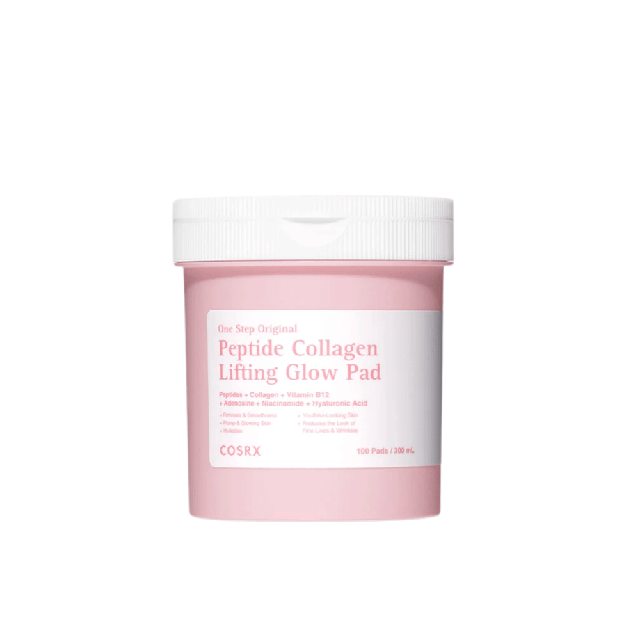 Απομονωμένη εικόνα προϊόντος του COSRX One Step Original Peptide Collagen Lifting Glow Pad σε ροζ συσκευασία με ανοιχτόχρωμο φόντο.