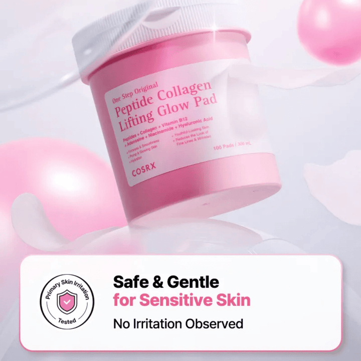 Εικόνα προϊόντος του COSRX One Step Original Peptide Collagen Lifting Glow Pad με μήνυμα για απαλή σύνθεση για ευαίσθητο δέρμα και δοκιμασμένα χαμηλό ερεθισμό.