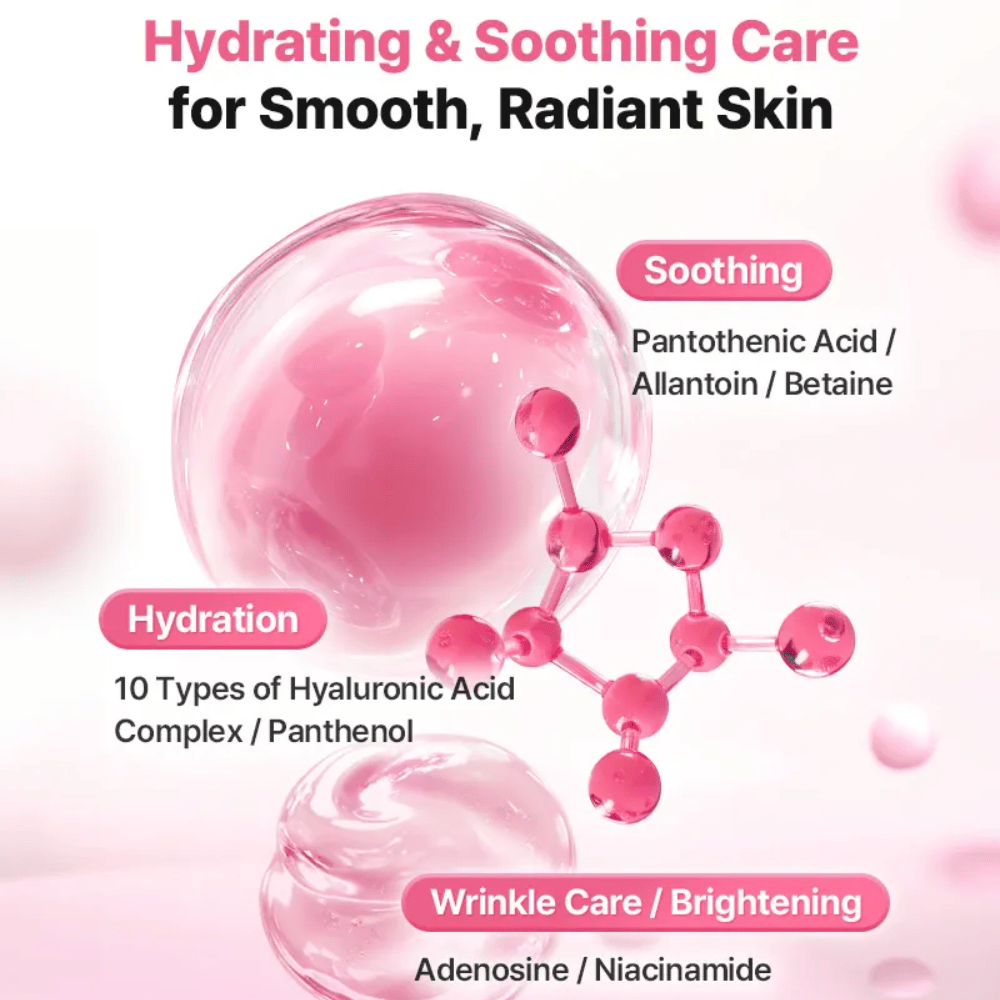 Εικονογραφική εικόνα συστατικών για το COSRX Peptide Collagen Lifting Glow Pad με έμφαση στην ενυδάτωση, την καταπραϋντική δράση καθώς και συστατικά που χαρίζουν λάμψη όπως υαλουρονικό οξύ, νιασιναμίδη και πανθενόλη.