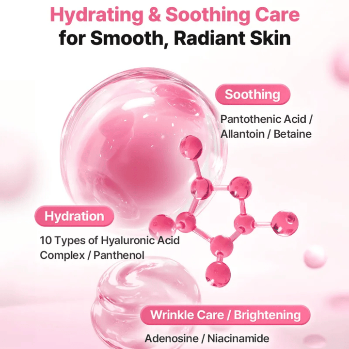 Εικονογραφική εικόνα συστατικών για το COSRX Peptide Collagen Lifting Glow Pad με έμφαση στην ενυδάτωση, την καταπραϋντική δράση καθώς και συστατικά που χαρίζουν λάμψη όπως υαλουρονικό οξύ, νιασιναμίδη και πανθενόλη.