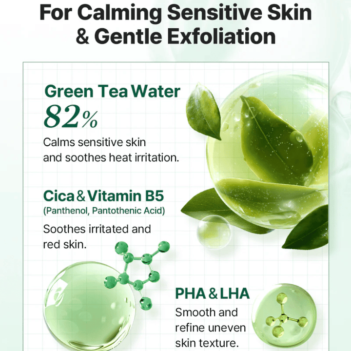 Ενημερωτική εικόνα για το COSRX One Step Original Clear Skin Calming Pad με νερό πράσινου τσαγιού, Cica, βιταμίνη B5 καθώς και ήπια απολέπιση με PHA και LHA.