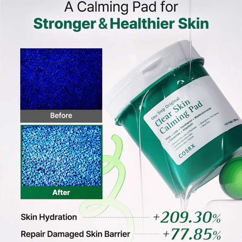 Διαφημιστική εικόνα για το COSRX One Step Original Clear Skin Calming Pad που δείχνει βελτιωμένη ενυδάτωση και ενισχυμένο δερματικό φραγμό μετά τη χρήση.