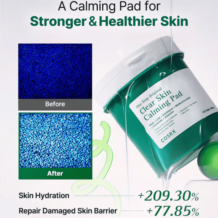 Διαφημιστική εικόνα για το COSRX One Step Original Clear Skin Calming Pad που δείχνει βελτιωμένη ενυδάτωση και ενισχυμένο δερματικό φραγμό μετά τη χρήση.