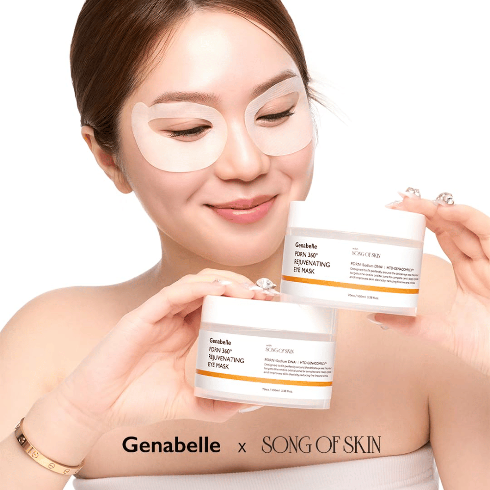 Genabelle PDRN 360° Rejuvenating Eye Mask εφαρμοσμένη γύρω από ολόκληρη την περιοχή των ματιών για ενυδάτωση, αυξημένη ελαστικότητα και πιο φρέσκια όψη.