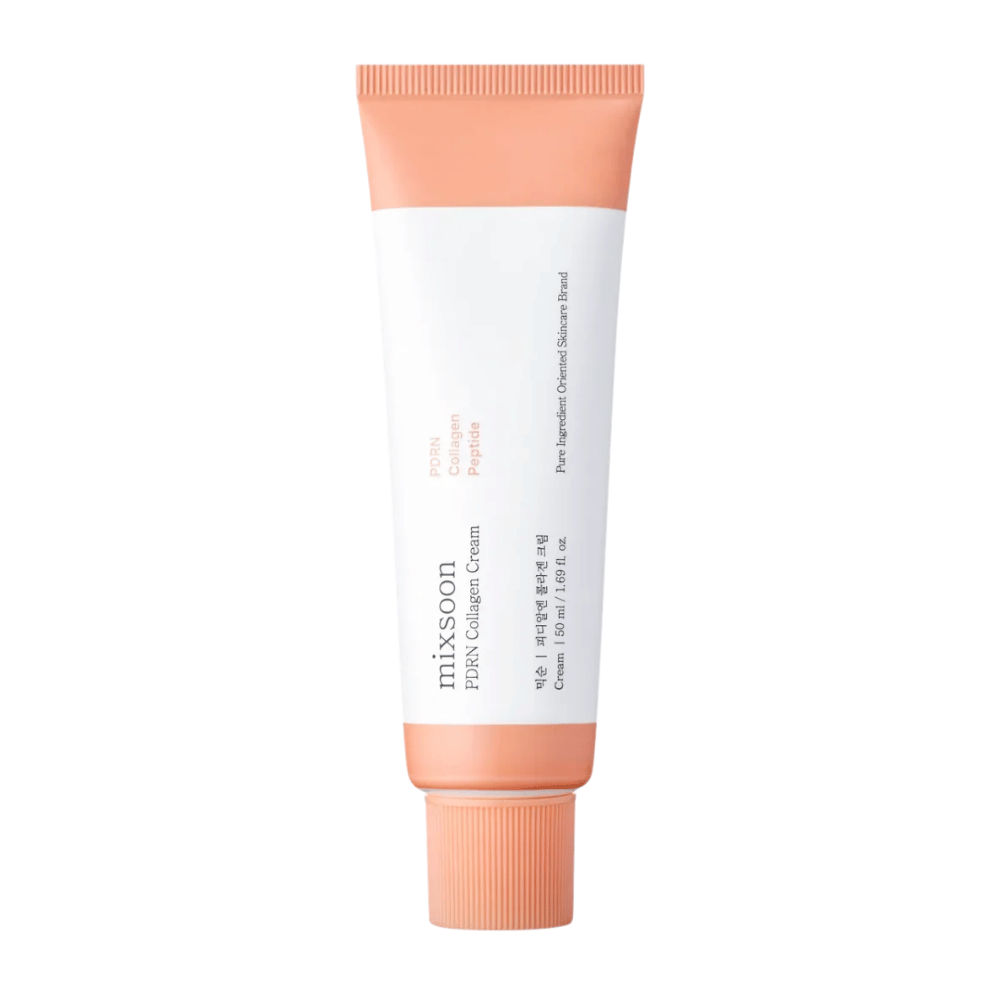 Mixsoon PDRN Collagen Cream σε λευκό και ροδακινί σωληνάριο, 50 ml. Μια ενυδατική κρέμα που ενισχύει το κολλαγόνο για λείο και νεανικό δέρμα.