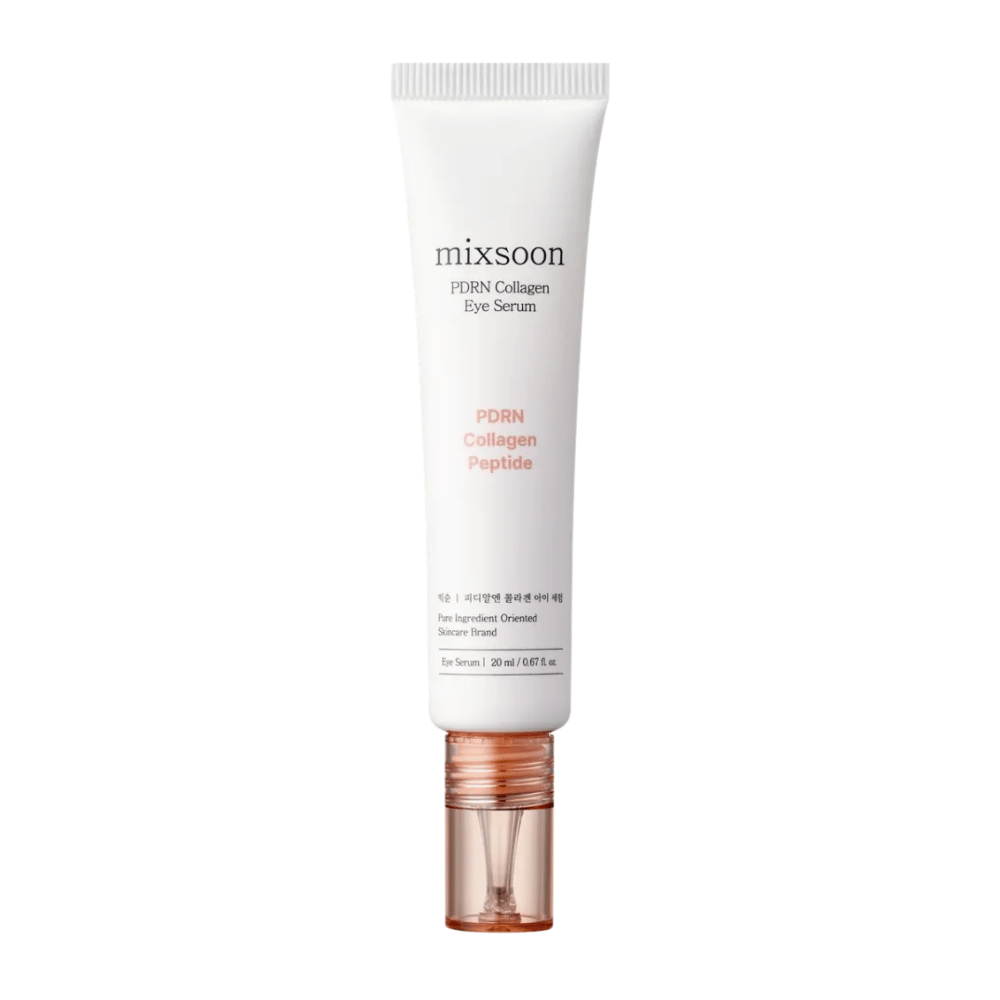 Mixsoon PDRN Collagen Eye Serum σε λευκό και ροδακινί σωληνάριο με διαφανή εφαρμοστή. Ένας ενυδατικός και συσφιγκτικός ορός ματιών, 20 ml.