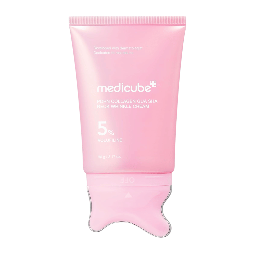 6. Medicube PDRN Collagen Gua Sha Neck Wrinkle Cream 90 g – ροζ σωληνάριο με ενσωματωμένο εφαρμογέα gua sha σε λευκό φόντο