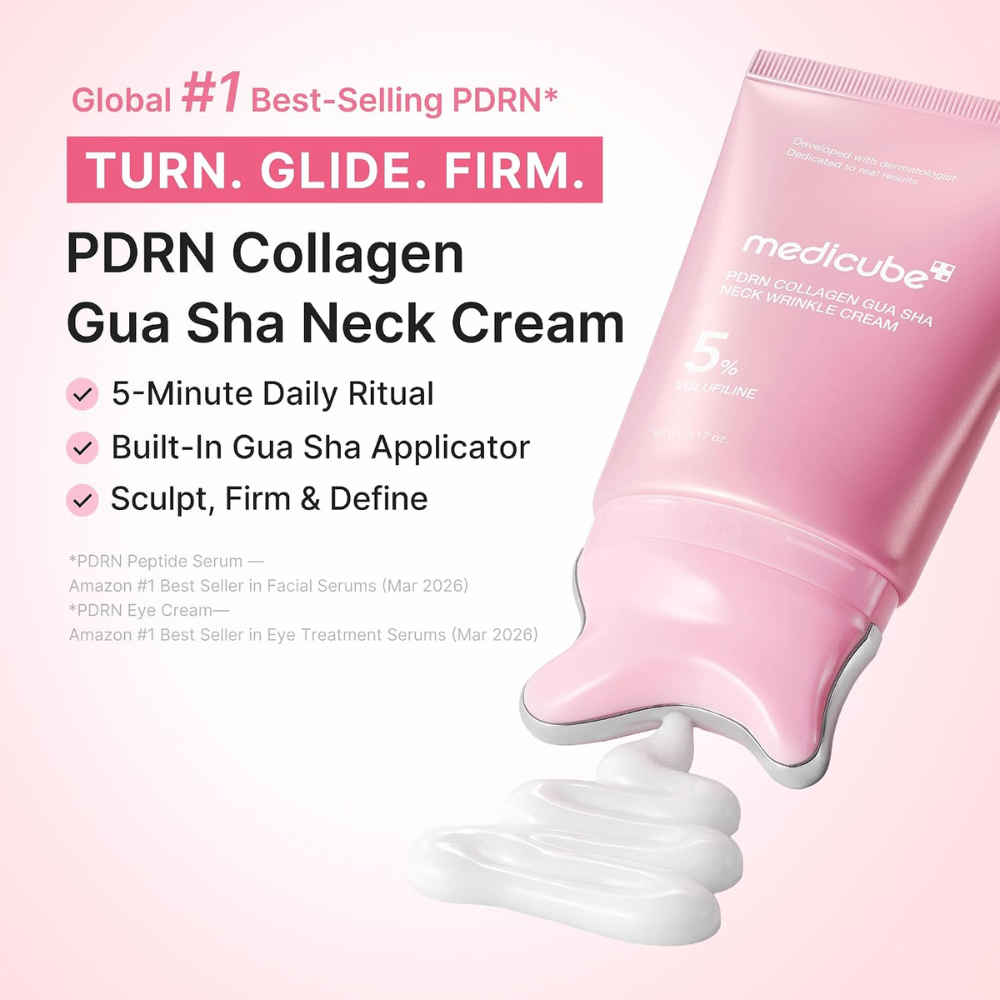 5. Medicube PDRN Collagen Gua Sha Neck Wrinkle Cream – ροζ κρέμα λαιμού με εφαρμογέα gua sha και κρεμώδη υφή