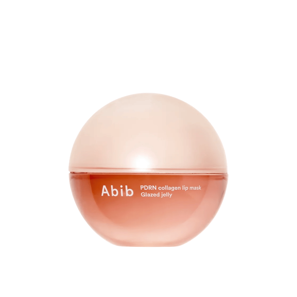 Ροζ στρογγυλό δοχείο με την επιγραφή "Abib PDRN Collagen Lip Mask Glazed Jelly" στο μπροστινό μέρος, φωτογραφημένο σε λευκό φόντο.
