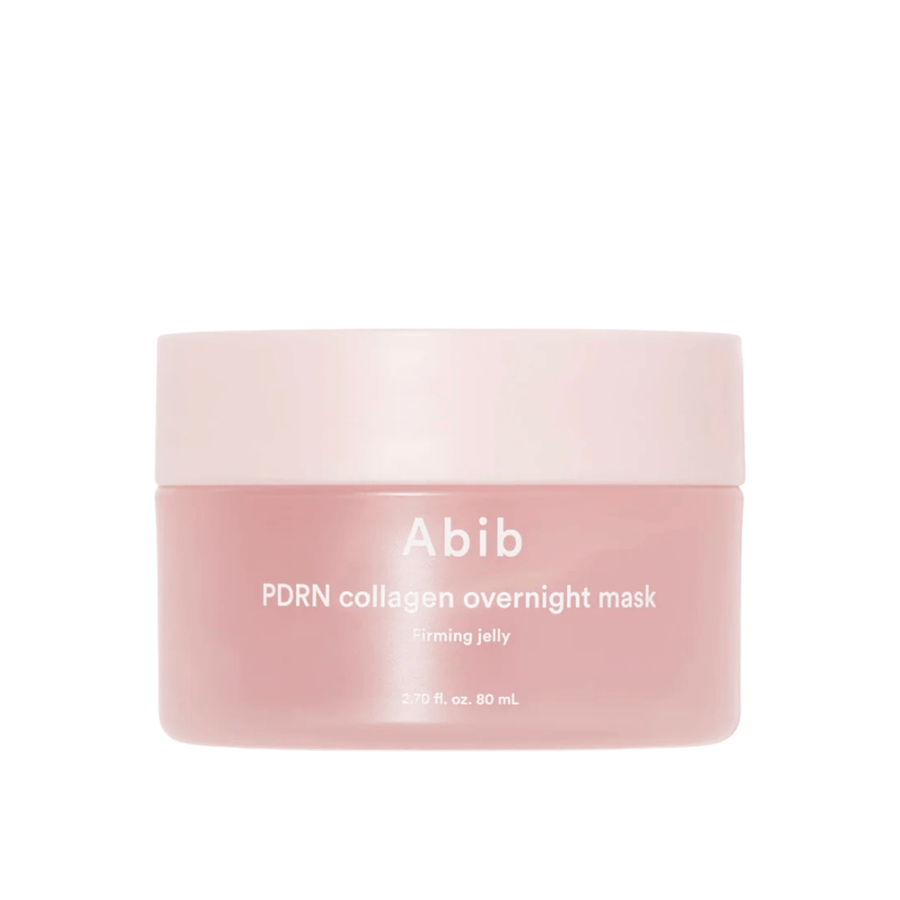 Μινιμαλιστική εικόνα προϊόντος του Abib PDRN Collagen Overnight Mask σε ροζ βαζάκι, με έμφαση στον σχεδιασμό και το όνομα του προϊόντος σε ανοιχτόχρωμο φόντο.