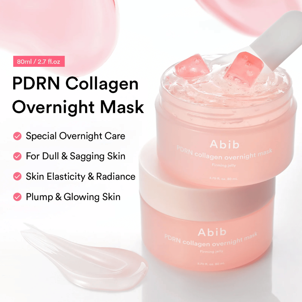 Εικόνα προϊόντος του Abib PDRN Collagen Overnight Mask με ροζ υφή τζελ και σπάτουλα σιλικόνης που αναδεικνύουν τις ενυδατικές και χαρίζουσες λάμψη ιδιότητες της μάσκας νύχτας.
