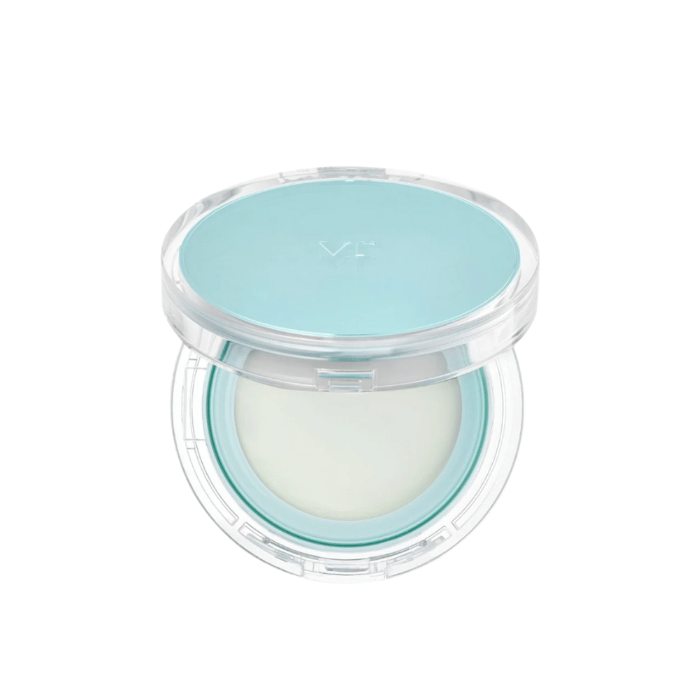 Ανοιχτό βάζο με VT PDRN Essence Glow Sun Pact. Έχει λευκή εσωτερική επιφάνεια με μπλε καπάκι, σχεδιασμένο για να δίνει ένα λαμπερό αποτέλεσμα στο δέρμα.
