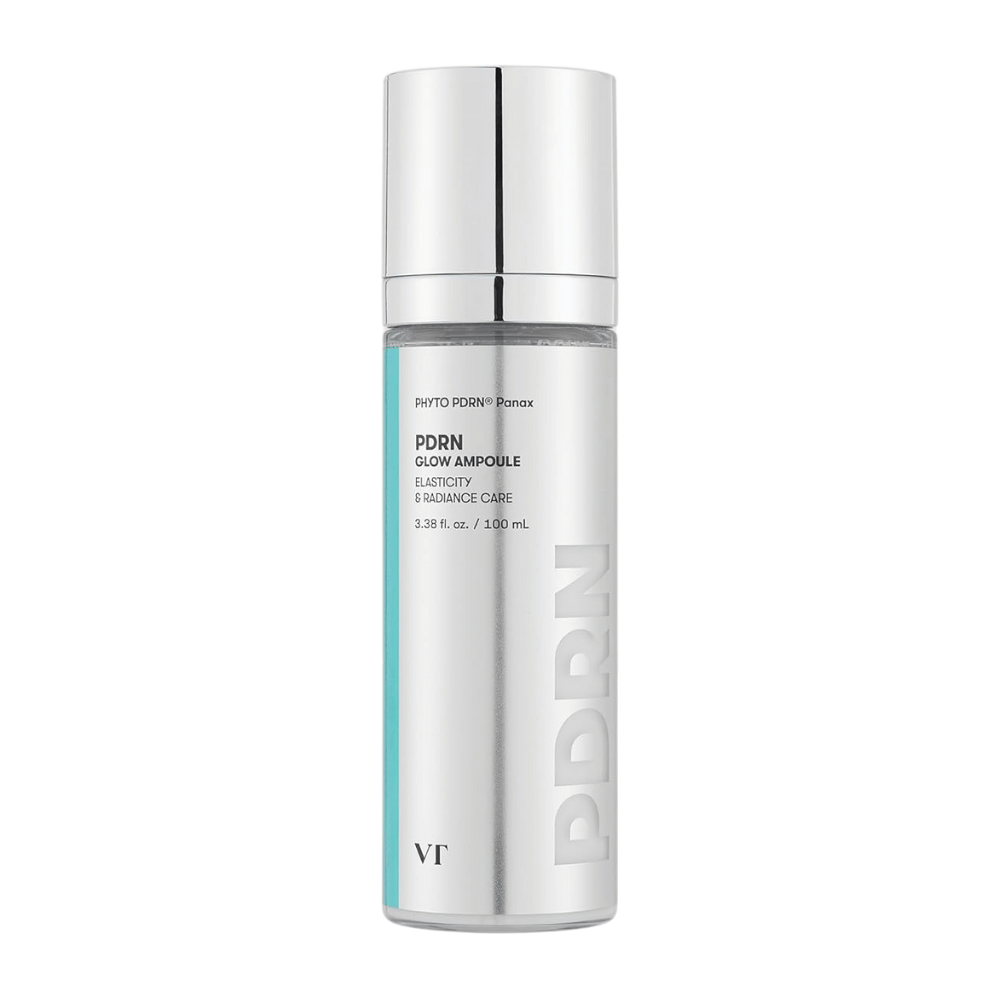 VT PDRN Glow Ampoule σε ασημένιο μπουκάλι με αντλία, με σήμανση που υποδεικνύει περιεχόμενο 100 ml. Το προϊόν είναι σχεδιασμένο για ελαστικότητα και λαμπερό δέρμα, με το κείμενο "PHYTO PDRN® Panax" και "Elasticity & Radiance Care".