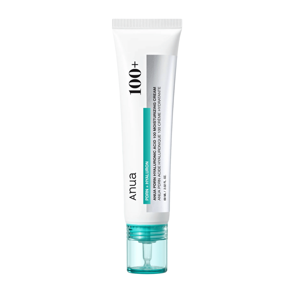 Εικόνα προϊόντος στο Anua PDRN Hyaluronic Acid 100 Moisturizing Cream σε λευκό σωλήνα με τιρκουάζ λεπτομέρεια – κορεατική κρέμα προσώπου για βαθιά ενυδάτωση.