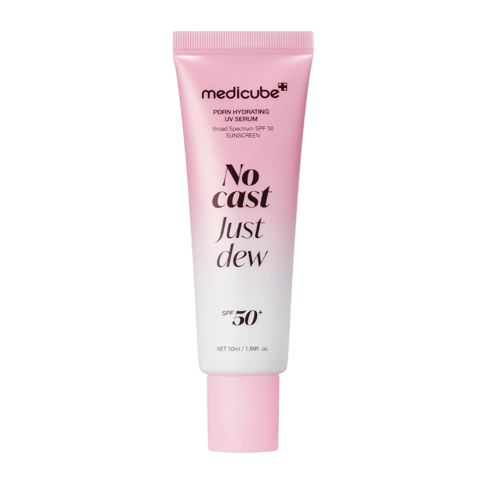 6. Medicube PDRN Hydrating UV Serum SPF 50+ 50 ml – ροζ και λευκό σωληνάριο με ενυδατική αντηλιακή προστασία για το πρόσωπο