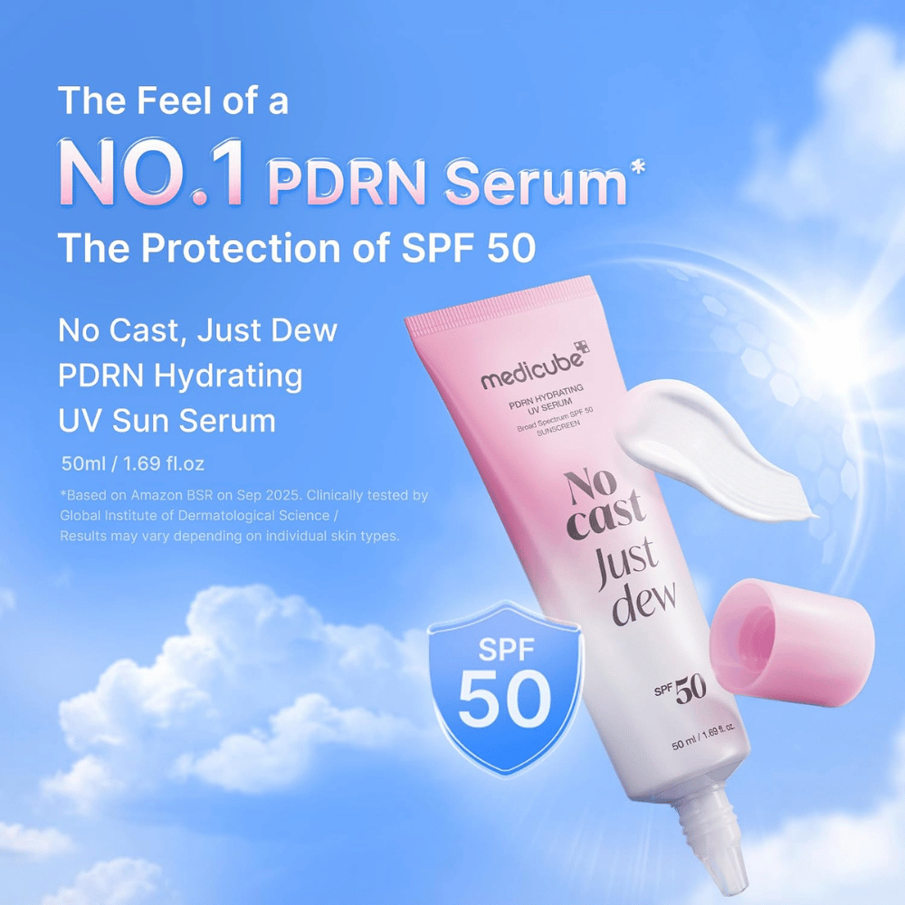 5. Medicube PDRN Hydrating UV Serum SPF 50+ 50 ml – ελαφρύ ενυδατικό αντηλιακό serum με υψηλή UV προστασία και λαμπερό τελείωμα