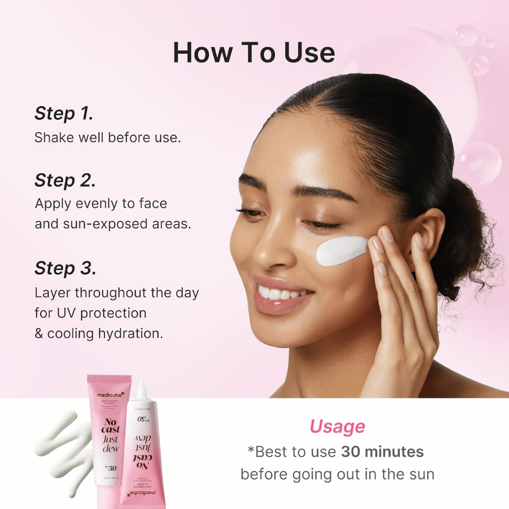 1. Medicube PDRN Hydrating UV Serum SPF 50+ – εφαρμογή ενυδατικής αντηλιακής προστασίας στο πρόσωπο με οδηγίες χρήσης