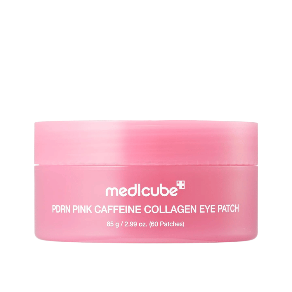 5. Medicube PDRN Pink Caffeine Collagen Eye Patch 60 τεμ. – ροζ βαζάκι με ενυδατικά επιθέματα ματιών υδρογέλης σε λευκό φόντο
