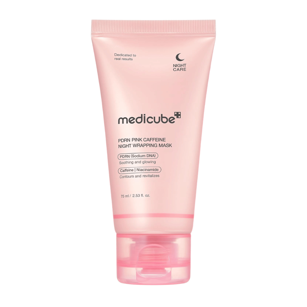 Medicube PDRN Pink Caffeine Night Wrapping Mask 75 ml – κορεάτικη μάσκα νύχτας με PDRN, καφεΐνη και νιασιναμίδη για λάμψη και ενυδάτωση.