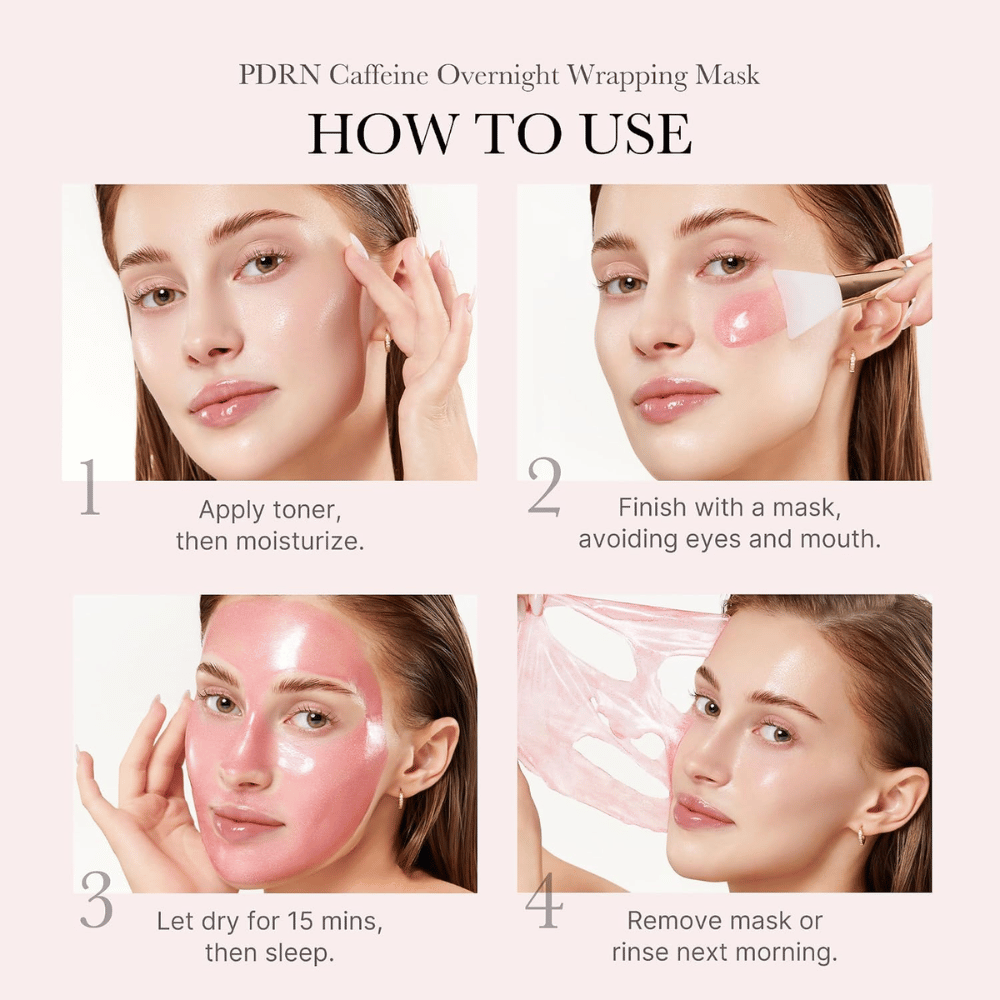 Πώς να χρησιμοποιήσετε το Medicube PDRN Pink Caffeine Night Wrapping Mask – εφαρμόστε το το βράδυ, αφήστε το να στεγνώσει και αφαιρέστε τη μάσκα το πρωί.