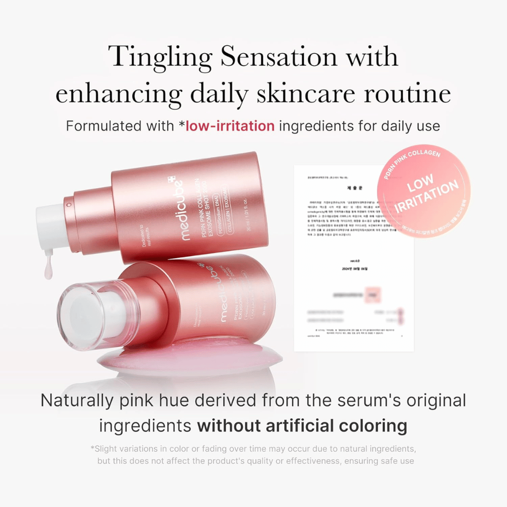 Medicube PDRN Pink Collagen Exosome Shot 2000 με πληροφορίες για χαμηλό ερεθισμό. Το προϊόν έχει φυσικό ροζ χρώμα από τα συστατικά και έχει αναπτυχθεί για καθημερινή χρήση με απαλή αίσθηση στο δέρμα.