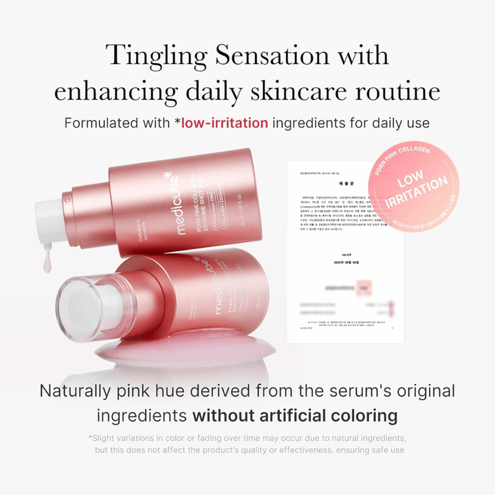 Medicube PDRN Pink Collagen Exosome Shot 2000 με πληροφορίες για χαμηλό ερεθισμό. Το προϊόν έχει φυσικό ροζ χρώμα από τα συστατικά και έχει αναπτυχθεί για καθημερινή χρήση με απαλή αίσθηση στο δέρμα.