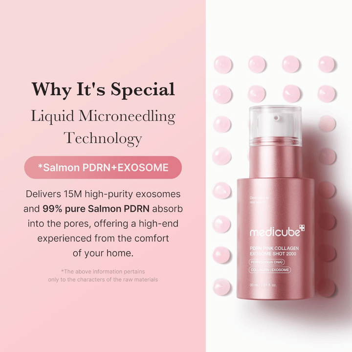 Medicube PDRN Pink Collagen Exosome Shot 2000 σε ροζ φιάλη. Η εικόνα αναδεικνύει την τεχνολογία υγρού microneedling με εξωσώματα και PDRN από σολομό για την υποστήριξη της λάμψης, της ελαστικότητας και της απορρόφησης της επιδερμίδας.