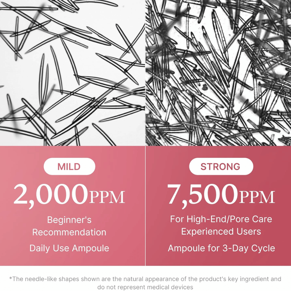 Σύγκριση μεταξύ δύο συγκεντρώσεων του Medicube PDRN Pink Collagen Exosome Shot. Η εικόνα δείχνει 2.000 ppm για καθημερινή χρήση και για αρχάριους, καθώς και 7.500 ppm για έμπειρους χρήστες με έμφαση στη φροντίδα των πόρων και την εντατική περιποίηση της επιδερμίδας.