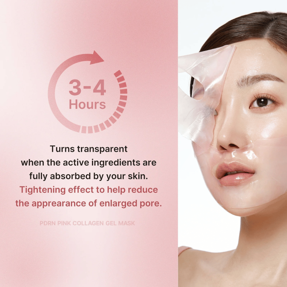 Medicube PDRN Pink Collagen Gel Mask με οδηγία να φοράτε τη μάσκα για 3-4 ώρες μέχρι να γίνει διάφανη. Η μάσκα απορροφά ενεργά συστατικά και σφίγγει το δέρμα για να μειώσει τους ορατούς πόρους.