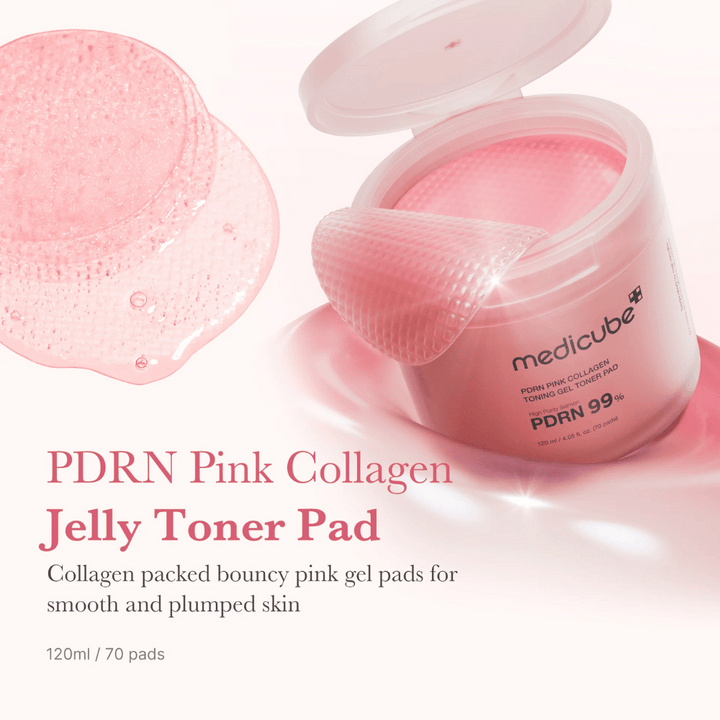 Ανοιχτό δοχείο με Medicube PDRN Pink Collagen Jelly Toner Pads, με μια ανυψωμένη ροζ γέλη και κείμενο που περιγράφει το περιεχόμενο κολλαγόνου για λείο και ενυδατωμένο δέρμα.