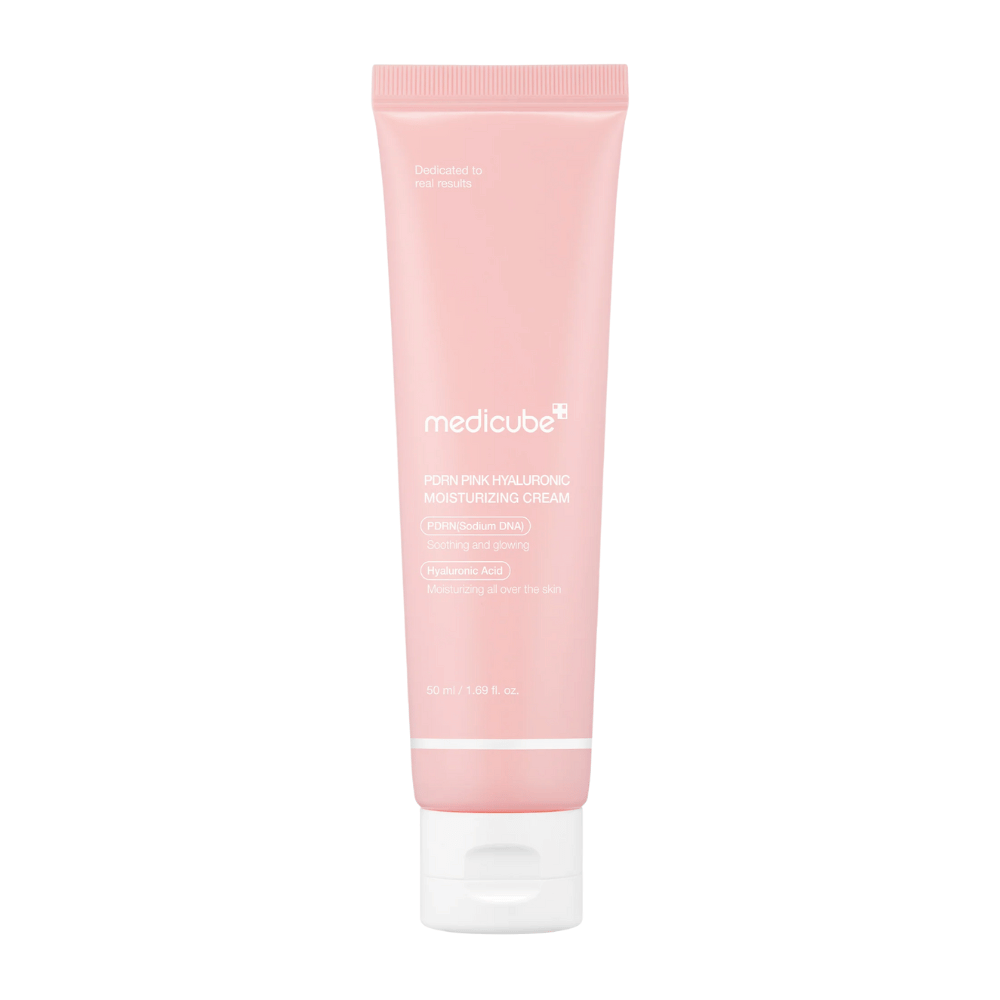 Medicube PDRN Pink Hyaluronic Moisturizing Cream σε ροζ σωλήνα με λευκό καπάκι, μια ενυδατική κρέμα εμπλουτισμένη με υαλουρονικό οξύ και DNA σολομού PDRN.