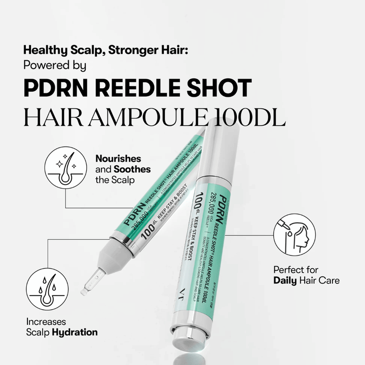 Παρουσίαση προϊόντος του PDRN Reedle Shot Hair Ampoule 100dL με έμφαση στα οφέλη όπως καταπραϋντική επίδραση, αυξημένη ενυδάτωση στο τριχωτό της κεφαλής και καθημερινή φροντίδα μαλλιών.
