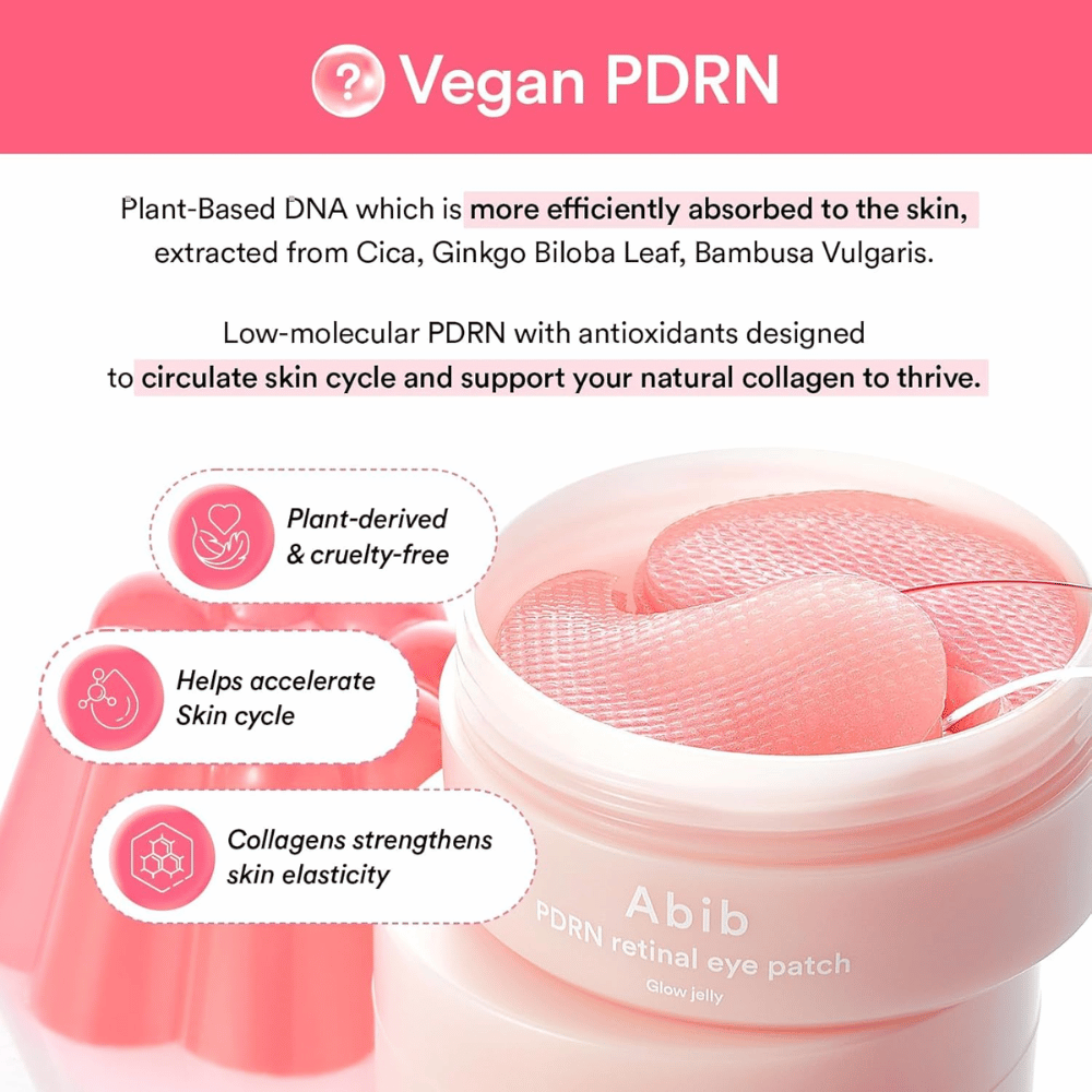Abib PDRN Retinal Eye Patch Glow Jelly με βίγκαν PDRN από φυτικά εκχυλίσματα που ενισχύουν την ελαστικότητα του δέρματος, ενισχύουν το κολλαγόνο και βελτιώνουν τη δομή του δέρματος.
