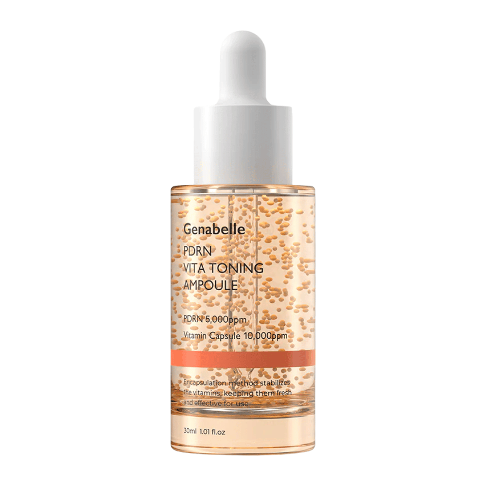Απομονωμένη εικόνα προϊόντος του Genabelle PDRN Vita Toning Ampoule σε διαφανές γυάλινο μπουκάλι με λευκά καπάκια πιπέτας και ορατές κάψουλες βιταμινών στη φόρμουλα του serum.
