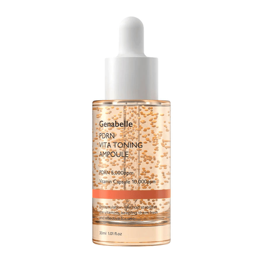 Απομονωμένη εικόνα προϊόντος του Genabelle PDRN Vita Toning Ampoule σε διαφανές γυάλινο μπουκάλι με λευκά καπάκια πιπέτας και ορατές κάψουλες βιταμινών στη φόρμουλα του serum.