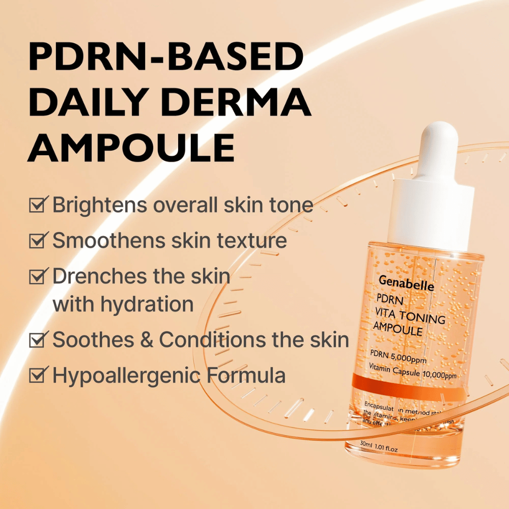 Εικόνα προϊόντος του Genabelle PDRN Vita Toning Ampoule με κείμενο για ενυδάτωση, πιο ομοιόμορφο τόνο δέρματος και καταπραϋντικές ιδιότητες για ευαίσθητο δέρμα με υποαλλεργική φόρμουλα.
