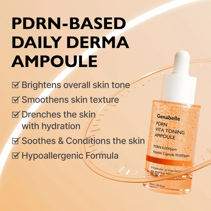 Εικόνα προϊόντος του Genabelle PDRN Vita Toning Ampoule με κείμενο για ενυδάτωση, πιο ομοιόμορφο τόνο δέρματος και καταπραϋντικές ιδιότητες για ευαίσθητο δέρμα με υποαλλεργική φόρμουλα.