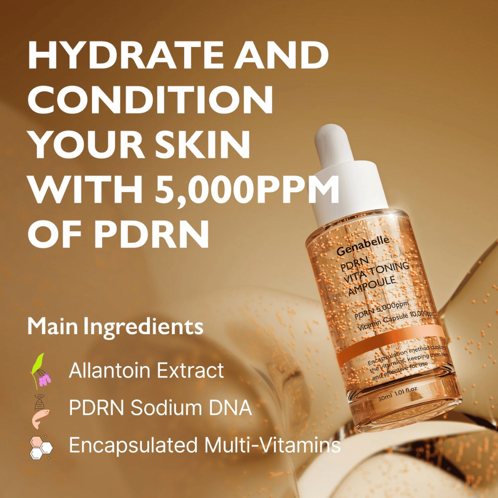 Διαφημιστική εικόνα για το Genabelle PDRN Vita Toning Ampoule με έμφαση στην ενυδάτωση και το PDRN 5000 ppm καθώς και συστατικά όπως κάψουλες βιταμινών και Sodium DNA για λάμψη και περιποίηση της επιδερμίδας.