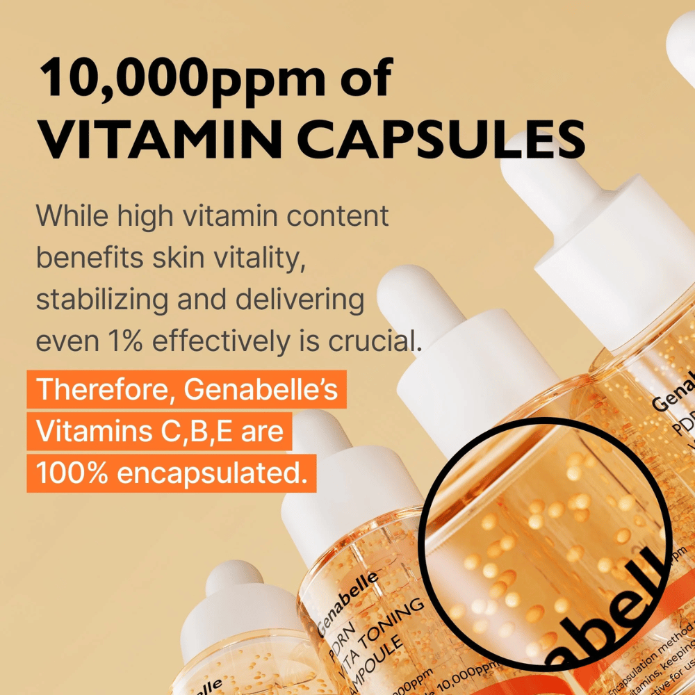 Το Genabelle PDRN Vita Toning Ampoule με ενθυλακωμένες βιταμίνες στο serum που αναδεικνύουν τη χαρίζουσα λάμψη φόρμουλα με βιταμίνες C, B και E για glow και ζωτικότητα της επιδερμίδας.