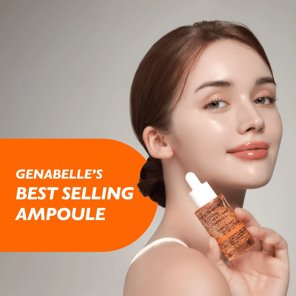 Μοντέλο κρατά το Genabelle PDRN Vita Toning Ampoule δίπλα στο πρόσωπο με έμφαση στη λάμψη, τη φωτεινότητα και την ενυδατωμένη επιδερμίδα από κορεατικό serum με κάψουλες βιταμινών και PDRN.