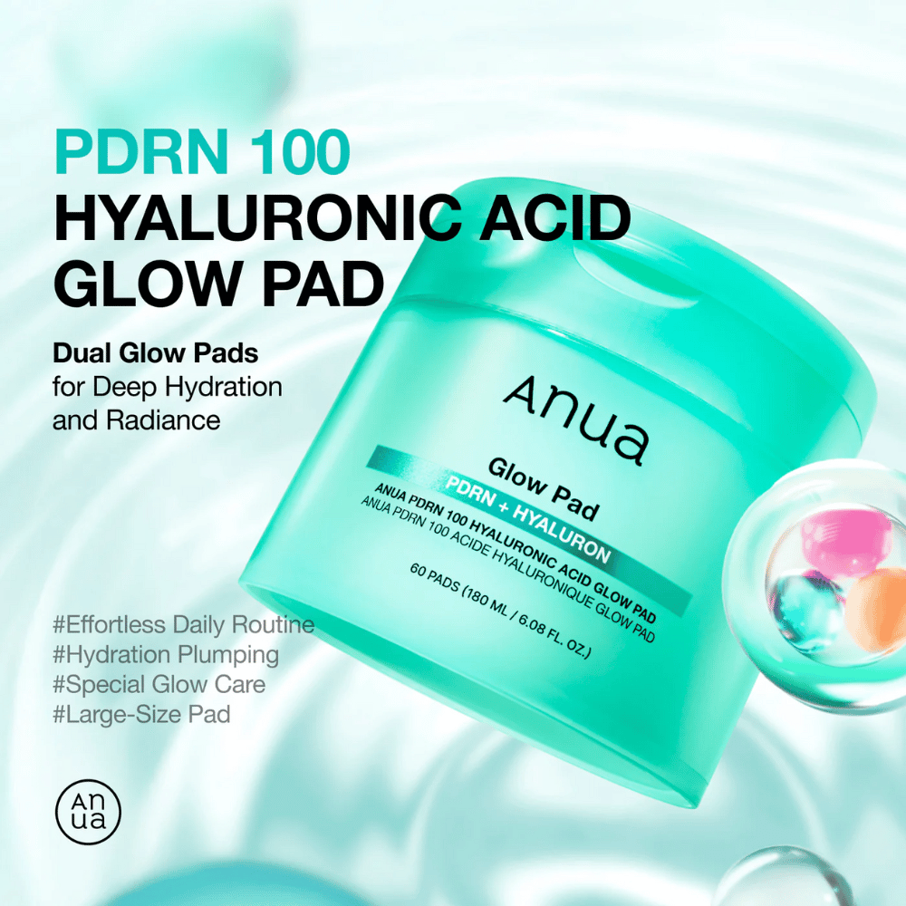 Anua PDRN 100 Hyaluronic Acid Glow Pad σε τυρκουάζ δοχείο με κείμενο που αναδεικνύει την ενυδάτωση, τη λάμψη και το μεγάλο μέγεθος των pads – σχεδιασμένα για καθημερινή ενυδάτωση και λάμψη.