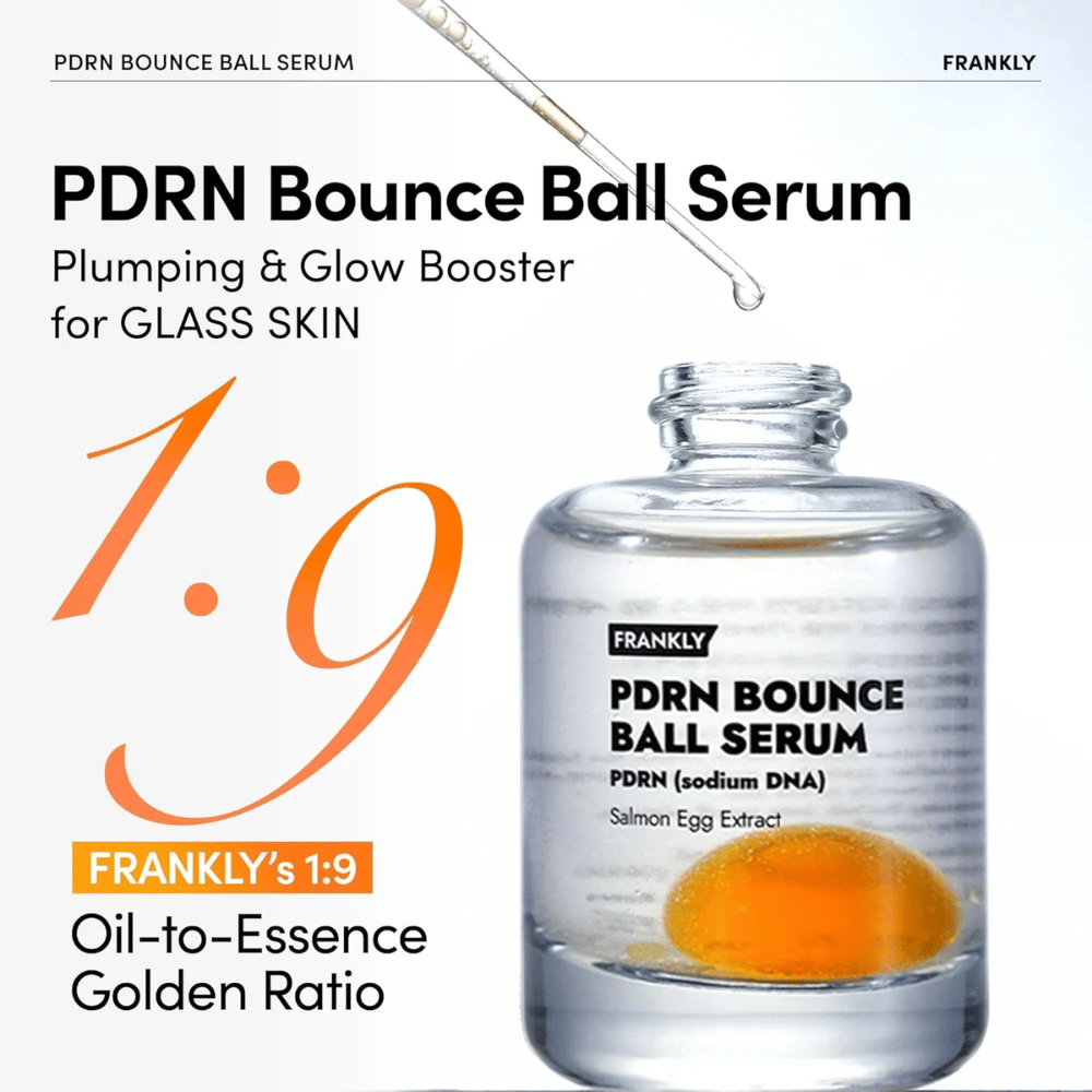 FRANKLY PDRN Bounce Ball Serum – ενυδατικός και συσφικτικός ορός με μοναδική αναλογία λαδιού προς ουσία 1:9 για εφέ γυάλινης επιδερμίδας.