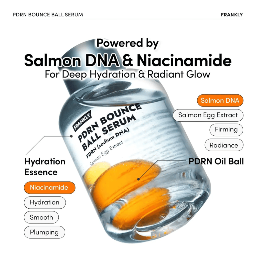 FRANKLY PDRN Bounce Ball Serum με DNA σολομού και νιασιναμίδη – βαθιά ενυδάτωση, σφριγηλότητα και λαμπερή λάμψη.